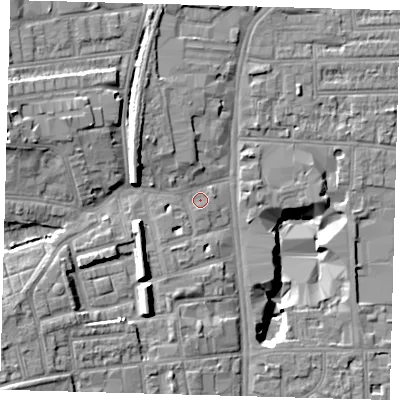 Shaded relief map of the ground around N178DU, computed from Environment Agency LiDAR. The ground here sits at about 12 m above sea level and falls 16 m across the surrounding 800 m. Surface water reaching this point runs off ground lying to the west-north-west, 7.7 m higher.