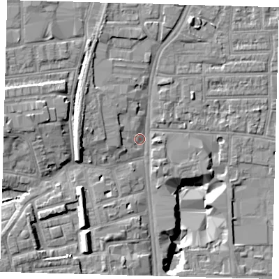 Shaded relief map of the ground around N178ER, computed from Environment Agency LiDAR. The ground here sits at about 12 m above sea level and falls 15 m across the surrounding 800 m. Surface water reaching this point runs off ground lying to the west, 5.4 m higher.
