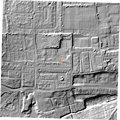 Shaded relief map of the ground around N178HF, computed from Environment Agency LiDAR. The ground here sits at about 20 m above sea level and falls 13 m across the surrounding 800 m. Surface water reaching this point runs off ground lying to the south-west, 1.1 m higher.