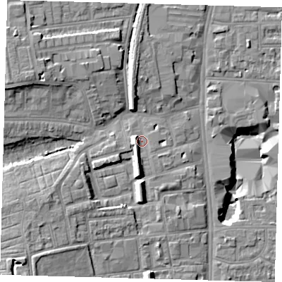 Shaded relief map of the ground around N178HG, computed from Environment Agency LiDAR. The ground here sits at about 13 m above sea level and falls 16 m across the surrounding 800 m. Surface water reaching this point runs off ground lying to the south, 5.2 m higher.