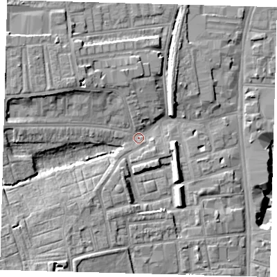 Shaded relief map of the ground around N178HJ, computed from Environment Agency LiDAR. The ground here sits at about 13 m above sea level and falls 17 m across the surrounding 800 m. Surface water reaching this point runs off ground lying to the west-north-west, 8.6 m higher.