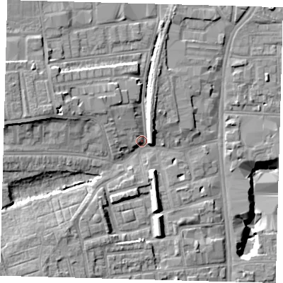 Shaded relief map of the ground around N178HN, computed from Environment Agency LiDAR. The ground here sits at about 13 m above sea level and falls 17 m across the surrounding 800 m. Surface water reaching this point runs off ground lying to the west, 8.3 m higher.