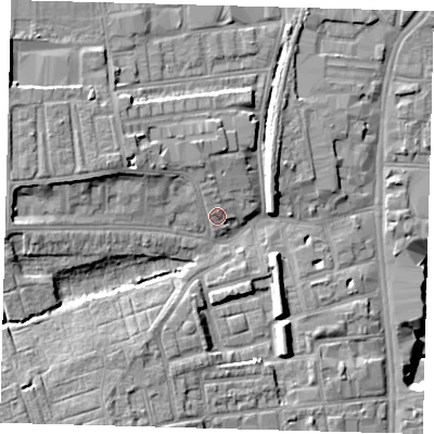 Shaded relief map of the ground around N178HP, computed from Environment Agency LiDAR. The ground here sits at about 14 m above sea level and falls 18 m across the surrounding 800 m. Surface water reaching this point runs off ground lying to the north-west, 3.7 m higher.