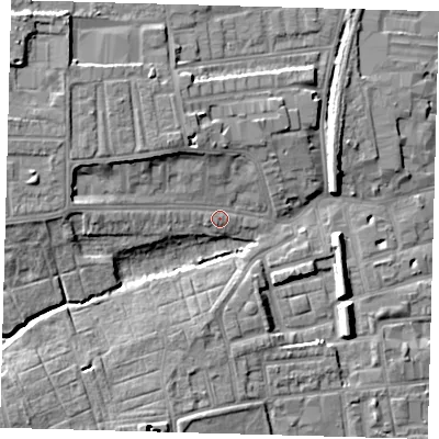 Shaded relief map of the ground around N178JU, computed from Environment Agency LiDAR. The ground here sits at about 14 m above sea level and falls 11 m across the surrounding 800 m. Surface water reaching this point runs off ground lying to the west-north-west, 6.1 m higher.