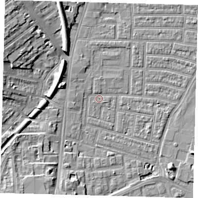 Shaded relief map of the ground around N179AB, computed from Environment Agency LiDAR. The ground here sits at about 9 m above sea level and falls 14 m across the surrounding 800 m. Surface water reaching this point runs off ground lying to the north-north-west, 2.0 m higher.