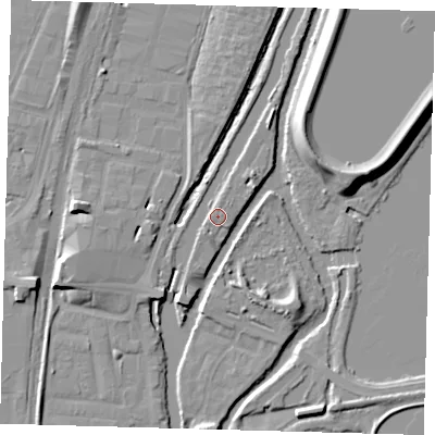 Shaded relief map of the ground around N179AD, computed from Environment Agency LiDAR. The ground here sits at about 9 m above sea level and falls 11 m across the surrounding 800 m. Surface water reaching this point runs off ground lying to the north, 1.7 m higher.