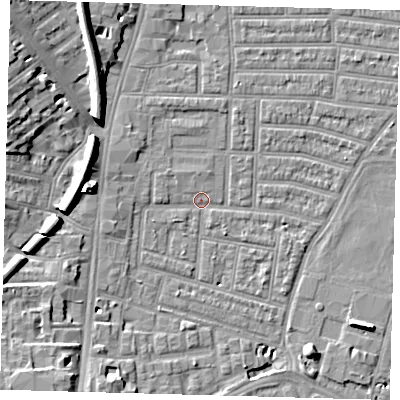 Shaded relief map of the ground around N179AE, computed from Environment Agency LiDAR. The ground here sits at about 9 m above sea level and falls 12 m across the surrounding 800 m. Surface water reaching this point runs off ground lying to the north-west, 2.2 m higher.