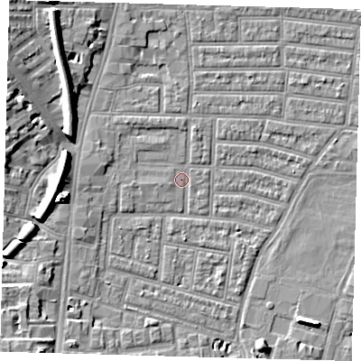 Shaded relief map of the ground around N179AG, computed from Environment Agency LiDAR. The ground here sits at about 9 m above sea level and falls 11 m across the surrounding 800 m. Surface water reaching this point runs off ground lying to the north-west, 1.8 m higher.