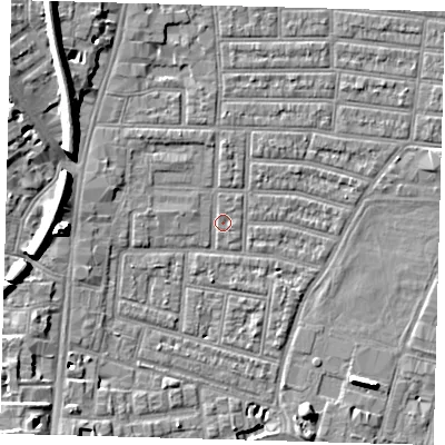 Shaded relief map of the ground around N179AP, computed from Environment Agency LiDAR. The ground here sits at about 9 m above sea level and falls 11 m across the surrounding 800 m. Surface water reaching this point runs off ground lying to the north-west, 1.8 m higher.