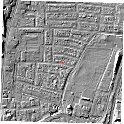 Shaded relief map of the ground around N179AS, computed from Environment Agency LiDAR. The ground here sits at about 9 m above sea level and falls 10 m across the surrounding 800 m. Surface water reaching this point runs off ground lying to the north-west, 2.7 m higher.