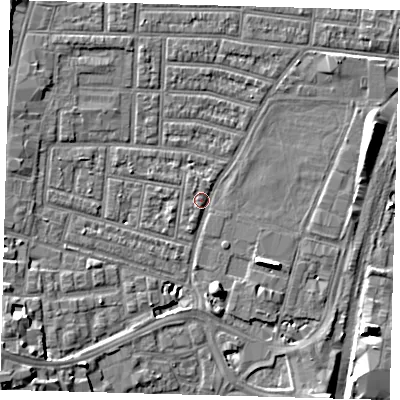 Shaded relief map of the ground around N179AT, computed from Environment Agency LiDAR. The ground here sits at about 9 m above sea level and falls 10 m across the surrounding 800 m. Surface water reaching this point runs off ground lying to the south-west, 9.4 m higher.