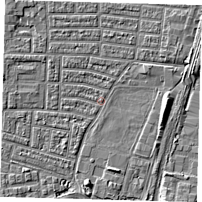 Shaded relief map of the ground around N179AU, computed from Environment Agency LiDAR. The ground here sits at about 9 m above sea level and falls 7 m across the surrounding 800 m. Surface water reaching this point runs off ground lying to the south-west, 4.7 m higher.