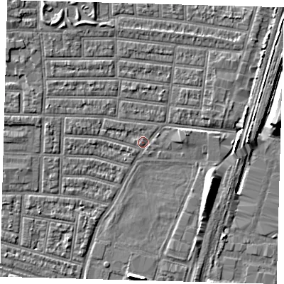 Shaded relief map of the ground around N179AX, computed from Environment Agency LiDAR. The ground here sits at about 9 m above sea level and falls 9 m across the surrounding 800 m. Surface water reaching this point runs off ground lying to the east, 4.1 m higher.