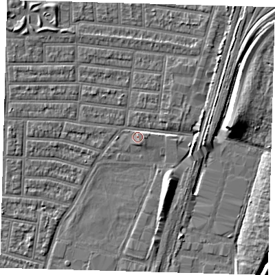 Shaded relief map of the ground around N179AY, computed from Environment Agency LiDAR. The ground here sits at about 9 m above sea level and falls 9 m across the surrounding 800 m. Surface water reaching this point runs off ground lying to the east, 4.1 m higher.