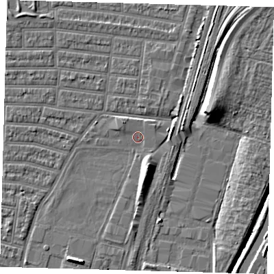 Shaded relief map of the ground around N179AZ, computed from Environment Agency LiDAR. The ground here sits at about 9 m above sea level and falls 9 m across the surrounding 800 m. Surface water reaching this point runs off ground lying to the north-west, 1.6 m higher.