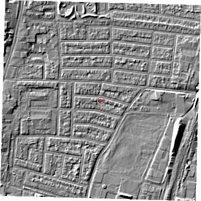 Shaded relief map of the ground around N179BA, computed from Environment Agency LiDAR. The ground here sits at about 9 m above sea level and falls 7 m across the surrounding 800 m. Surface water reaching this point runs off ground lying to the north-west, 1.3 m higher.