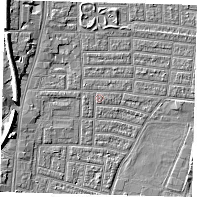 Shaded relief map of the ground around N179BB, computed from Environment Agency LiDAR. The ground here sits at about 9 m above sea level and falls 10 m across the surrounding 800 m. Surface water reaching this point runs off ground lying to the west, 0.9 m higher.