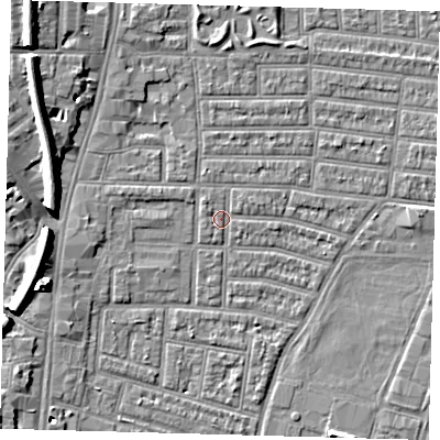 Shaded relief map of the ground around N179BD, computed from Environment Agency LiDAR. The ground here sits at about 9 m above sea level and falls 10 m across the surrounding 800 m. Surface water reaching this point runs off ground lying to the north-west, 1.0 m higher.