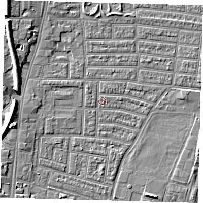 Shaded relief map of the ground around N179BE, computed from Environment Agency LiDAR. The ground here sits at about 9 m above sea level and falls 10 m across the surrounding 800 m. Surface water reaching this point runs off ground lying to the north-west, 1.1 m higher.