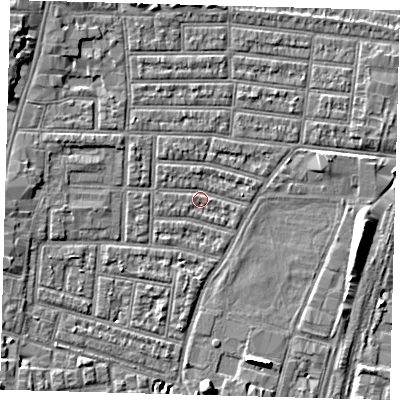 Shaded relief map of the ground around N179BG, computed from Environment Agency LiDAR. The ground here sits at about 9 m above sea level and falls 6 m across the surrounding 800 m. Surface water reaching this point runs off ground lying to the north-west, 1.0 m higher.