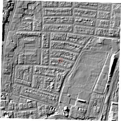 Shaded relief map of the ground around N179BH, computed from Environment Agency LiDAR. The ground here sits at about 9 m above sea level and falls 10 m across the surrounding 800 m. Surface water reaching this point runs off ground lying to the north-west, 2.7 m higher.