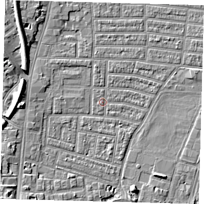 Shaded relief map of the ground around N179BJ, computed from Environment Agency LiDAR. The ground here sits at about 9 m above sea level and falls 11 m across the surrounding 800 m. Surface water reaching this point runs off ground lying to the north, 1.2 m higher.