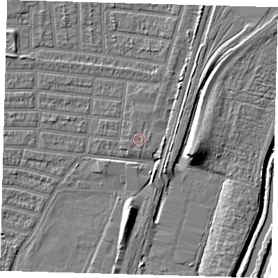 Shaded relief map of the ground around N179BL, computed from Environment Agency LiDAR. The ground here sits at about 9 m above sea level and falls 10 m across the surrounding 800 m. Surface water reaching this point runs off ground lying to the east, 0.5 m higher.