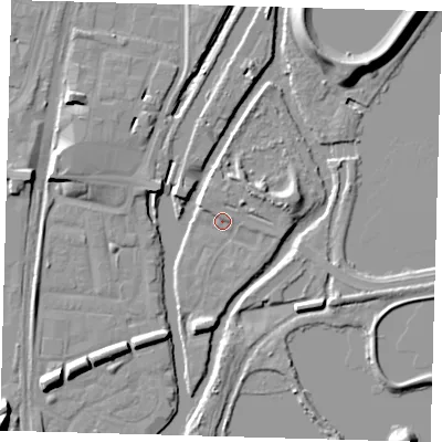Shaded relief map of the ground around N179BP, computed from Environment Agency LiDAR. The ground here sits at about 8 m above sea level and falls 13 m across the surrounding 800 m. Surface water reaching this point runs off ground lying to the east-north-east, 4.3 m higher.