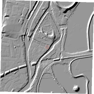 Shaded relief map of the ground around N179BS, computed from Environment Agency LiDAR. The ground here sits at about 8 m above sea level and falls 11 m across the surrounding 800 m. Surface water reaching this point runs off ground lying to the east-north-east, 1.3 m higher.
