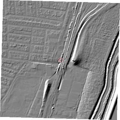 Shaded relief map of the ground around N179BY, computed from Environment Agency LiDAR. The ground here sits at about 10 m above sea level and falls 10 m across the surrounding 800 m. Surface water reaching this point runs off ground lying to the south-south-west, 4.1 m higher.