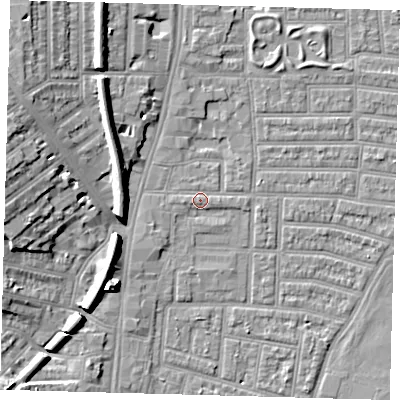 Shaded relief map of the ground around N179DD, computed from Environment Agency LiDAR. The ground here sits at about 10 m above sea level and falls 12 m across the surrounding 800 m. Surface water reaching this point runs off ground lying to the west, 1.4 m higher.