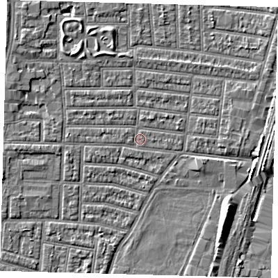 Shaded relief map of the ground around N179DE, computed from Environment Agency LiDAR. The ground here sits at about 9 m above sea level and falls 7 m across the surrounding 800 m. Surface water reaching this point runs off ground lying to the west, 1.8 m higher.