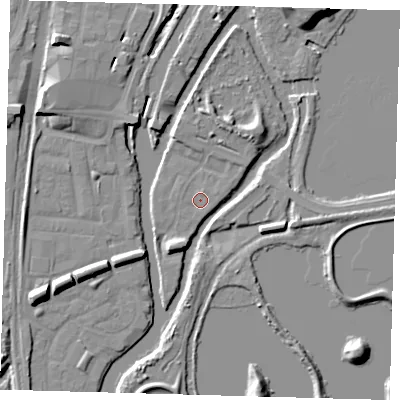 Shaded relief map of the ground around N179DF, computed from Environment Agency LiDAR. The ground here sits at about 8 m above sea level and falls 11 m across the surrounding 800 m. Surface water reaching this point runs off ground lying to the south-east, 0.6 m higher.