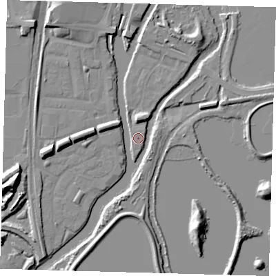 Shaded relief map of the ground around N179DG, computed from Environment Agency LiDAR. The ground here sits at about 8 m above sea level and falls 14 m across the surrounding 800 m. Surface water reaching this point runs off ground lying to the west, 8.5 m higher.