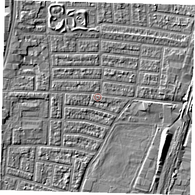 Shaded relief map of the ground around N179DH, computed from Environment Agency LiDAR. The ground here sits at about 9 m above sea level and falls 7 m across the surrounding 800 m. Surface water reaching this point runs off ground lying to the west, 1.8 m higher.