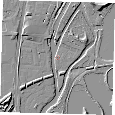 Shaded relief map of the ground around N179DJ, computed from Environment Agency LiDAR. The ground here sits at about 8 m above sea level and falls 14 m across the surrounding 800 m. Surface water reaching this point runs off ground lying to the south-west, 13.9 m higher.