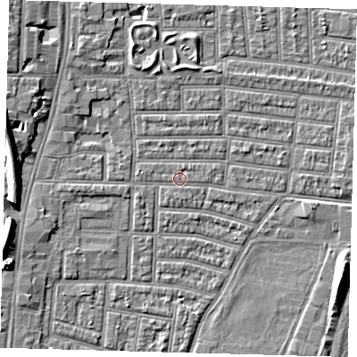 Shaded relief map of the ground around N179DL, computed from Environment Agency LiDAR. The ground here sits at about 9 m above sea level and falls 9 m across the surrounding 800 m. Surface water reaching this point runs off ground lying to the west, 1.5 m higher.
