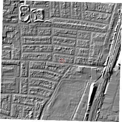 Shaded relief map of the ground around N179DN, computed from Environment Agency LiDAR. The ground here sits at about 9 m above sea level and falls 9 m across the surrounding 800 m. Surface water reaching this point runs off ground lying to the west, 1.7 m higher.