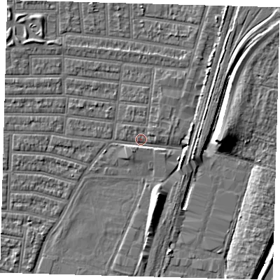 Shaded relief map of the ground around N179DP, computed from Environment Agency LiDAR. The ground here sits at about 9 m above sea level and falls 9 m across the surrounding 800 m. Surface water reaching this point runs off ground lying to the east-south-east, 4.1 m higher.