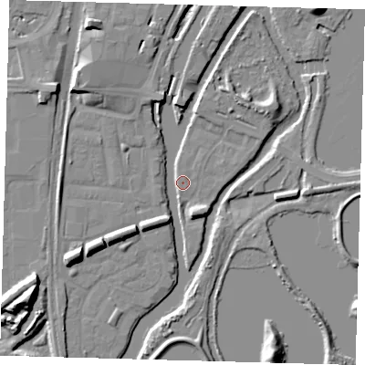 Shaded relief map of the ground around N179DQ, computed from Environment Agency LiDAR. The ground here sits at about 8 m above sea level and falls 14 m across the surrounding 800 m. Surface water reaching this point runs off ground lying to the west-south-west, 8.4 m higher.