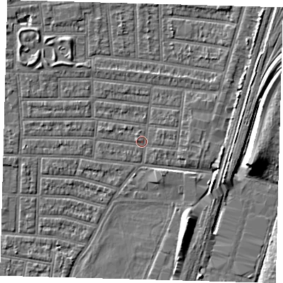 Shaded relief map of the ground around N179DR, computed from Environment Agency LiDAR. The ground here sits at about 9 m above sea level and falls 9 m across the surrounding 800 m. Surface water reaching this point runs off ground lying to the north-west, 3.5 m higher.