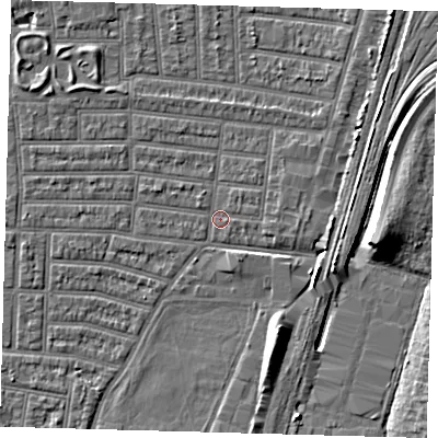 Shaded relief map of the ground around N179DS, computed from Environment Agency LiDAR. The ground here sits at about 9 m above sea level and falls 9 m across the surrounding 800 m. Surface water reaching this point runs off ground lying to the north-west, 3.5 m higher.