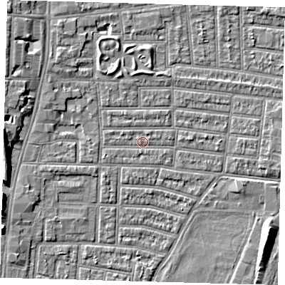 Shaded relief map of the ground around N179DT, computed from Environment Agency LiDAR. The ground here sits at about 9 m above sea level and falls 9 m across the surrounding 800 m. Surface water reaching this point runs off ground lying to the west, 7.5 m higher.