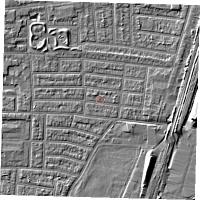 Shaded relief map of the ground around N179DU, computed from Environment Agency LiDAR. The ground here sits at about 9 m above sea level and falls 9 m across the surrounding 800 m. Surface water reaching this point runs off ground lying to the west-north-west, 2.6 m higher.