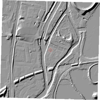 Shaded relief map of the ground around N179DW, computed from Environment Agency LiDAR. The ground here sits at about 8 m above sea level and falls 14 m across the surrounding 800 m. Surface water reaching this point runs off ground lying to the east-north-east, 4.3 m higher.