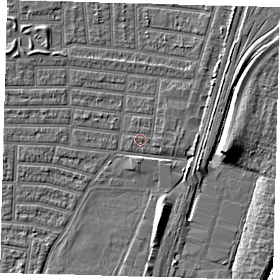 Shaded relief map of the ground around N179DX, computed from Environment Agency LiDAR. The ground here sits at about 9 m above sea level and falls 9 m across the surrounding 800 m. Surface water reaching this point runs off ground lying to the east, 1.0 m higher.