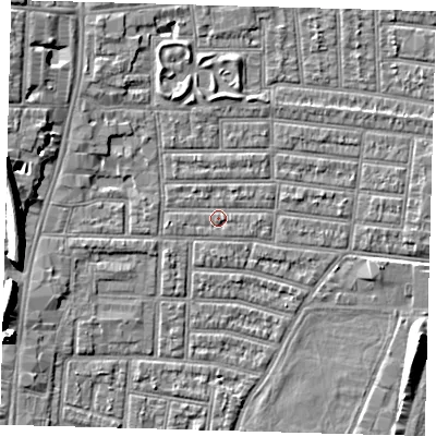 Shaded relief map of the ground around N179DY, computed from Environment Agency LiDAR. The ground here sits at about 9 m above sea level and falls 9 m across the surrounding 800 m. Surface water reaching this point runs off ground lying to the west, 7.7 m higher.