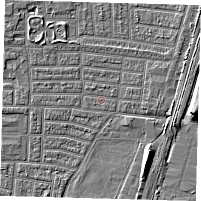 Shaded relief map of the ground around N179EA, computed from Environment Agency LiDAR. The ground here sits at about 9 m above sea level and falls 9 m across the surrounding 800 m. Surface water reaching this point runs off ground lying to the north-west, 2.3 m higher.