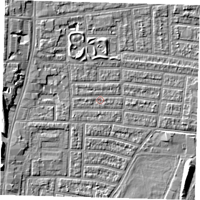 Shaded relief map of the ground around N179EB, computed from Environment Agency LiDAR. The ground here sits at about 9 m above sea level and falls 9 m across the surrounding 800 m. Surface water reaching this point runs off ground lying to the north-west, 0.7 m higher.