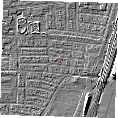 Shaded relief map of the ground around N179ED, computed from Environment Agency LiDAR. The ground here sits at about 9 m above sea level and falls 9 m across the surrounding 800 m. Surface water reaching this point runs off ground lying to the north-west, 2.3 m higher.